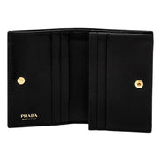 Prada Saffiano Black Floral Printed Snap Bifold Coin Zipper Wallet