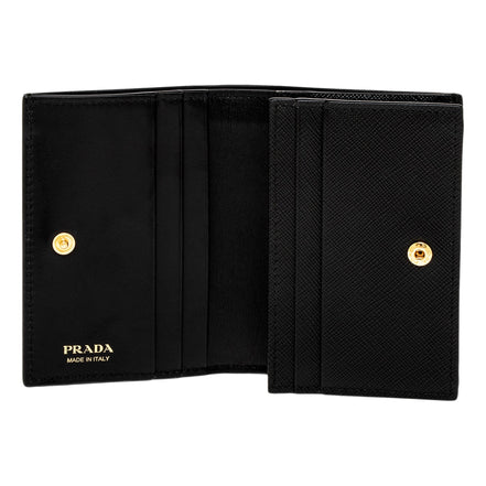 Prada Saffiano Black Floral Printed Snap Bifold Coin Zipper Wallet