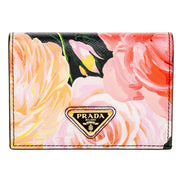 Prada Saffiano Black Floral Printed Snap Bifold Coin Zipper Wallet