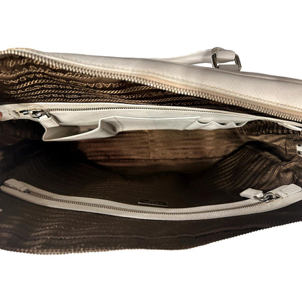 Prada Saffiano Ivory Leather Satchel Weekender Travel Tote Bag Crossbody available at Queen Bee of Beverly Hills