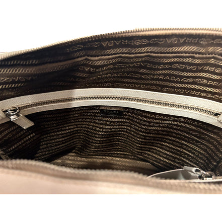 Prada Saffiano Ivory Leather Satchel Weekender Travel Tote Bag Crossbody available at Queen Bee of Beverly Hills