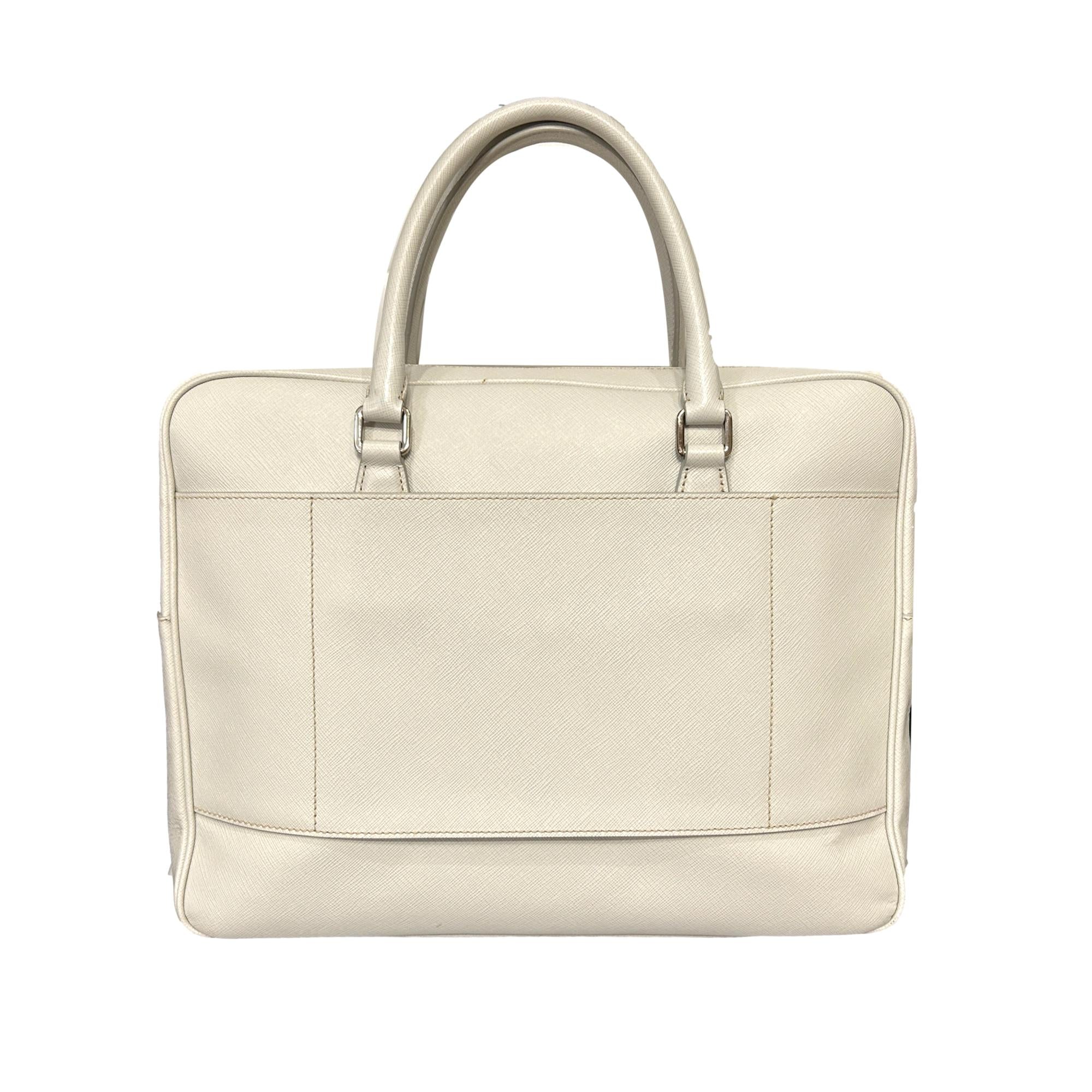 Prada Saffiano Ivory Leather Satchel Weekender Travel Tote Bag Crossbody available at Queen Bee of Beverly Hills