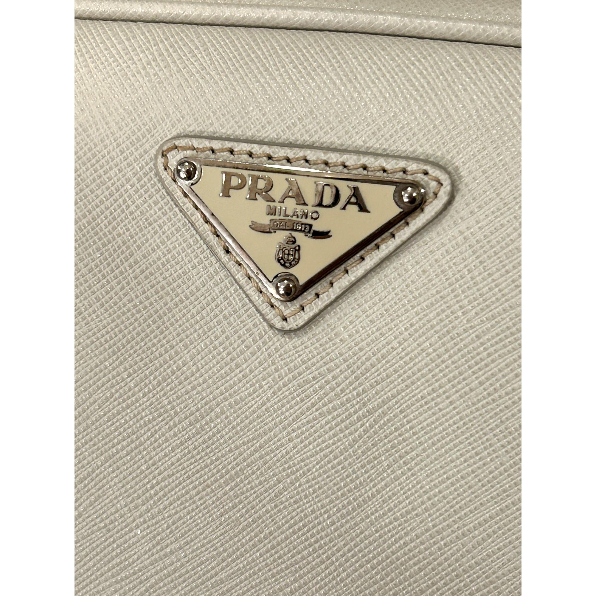 Prada Saffiano Ivory Leather Satchel Weekender Travel Tote Bag Crossbody available at Queen Bee of Beverly Hills