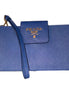 Prada Saffiano Leather Blue Wristlet Clutch Wallet available at Queen Bee of Beverly Hills