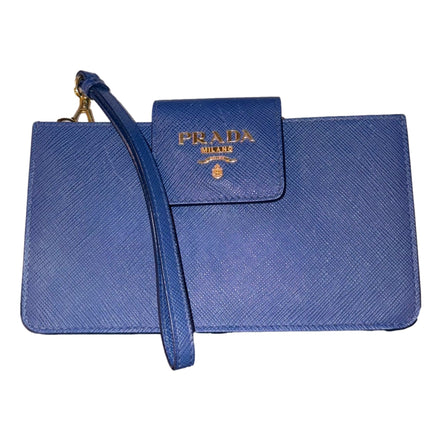 Prada Saffiano Leather Blue Wristlet Clutch Wallet available at Queen Bee of Beverly Hills