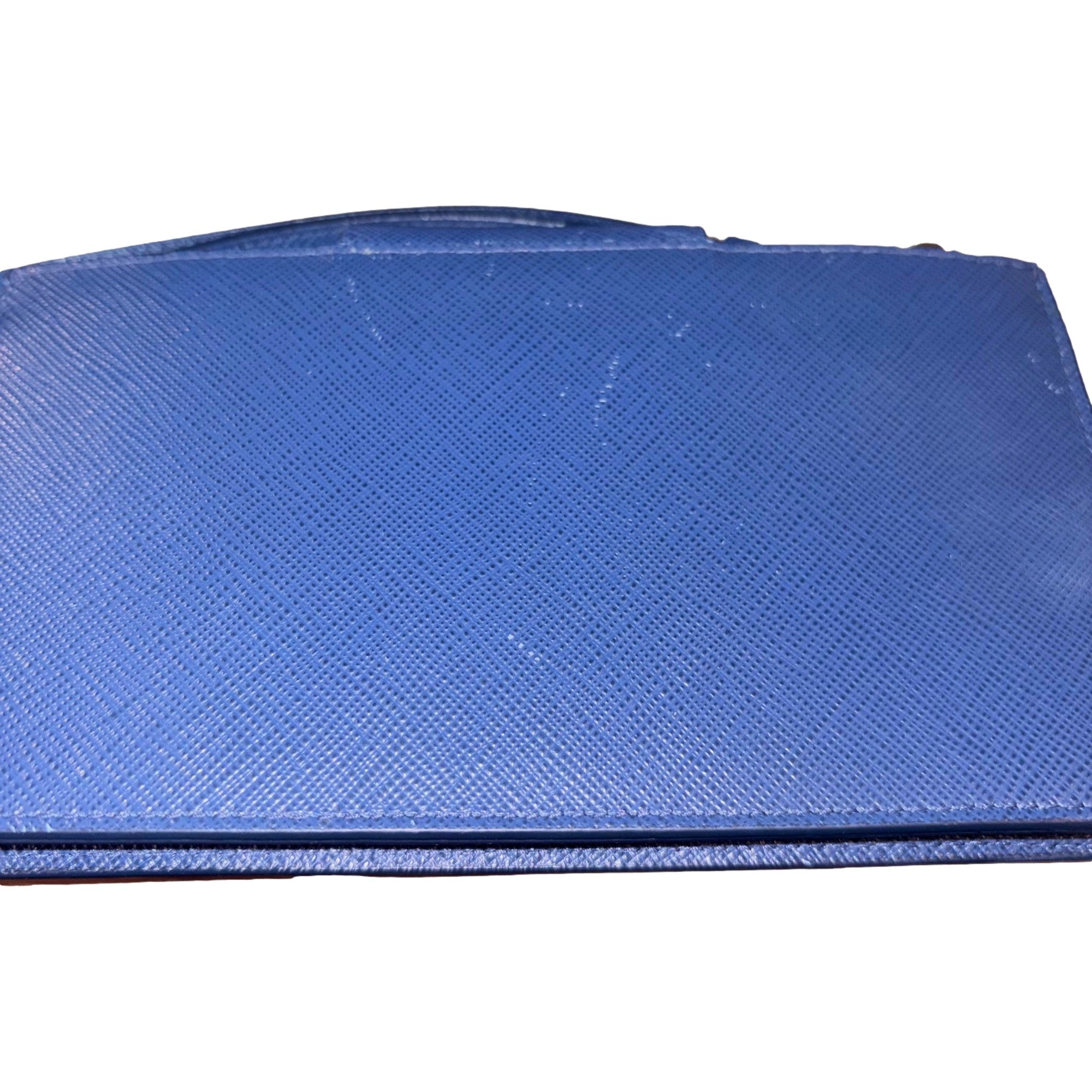 Prada Saffiano Leather Blue Wristlet Clutch Wallet available at Queen Bee of Beverly Hills