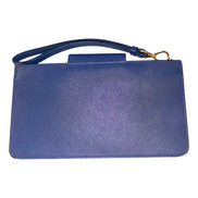 Prada Saffiano Leather Blue Wristlet Clutch Wallet available at Queen Bee of Beverly Hills