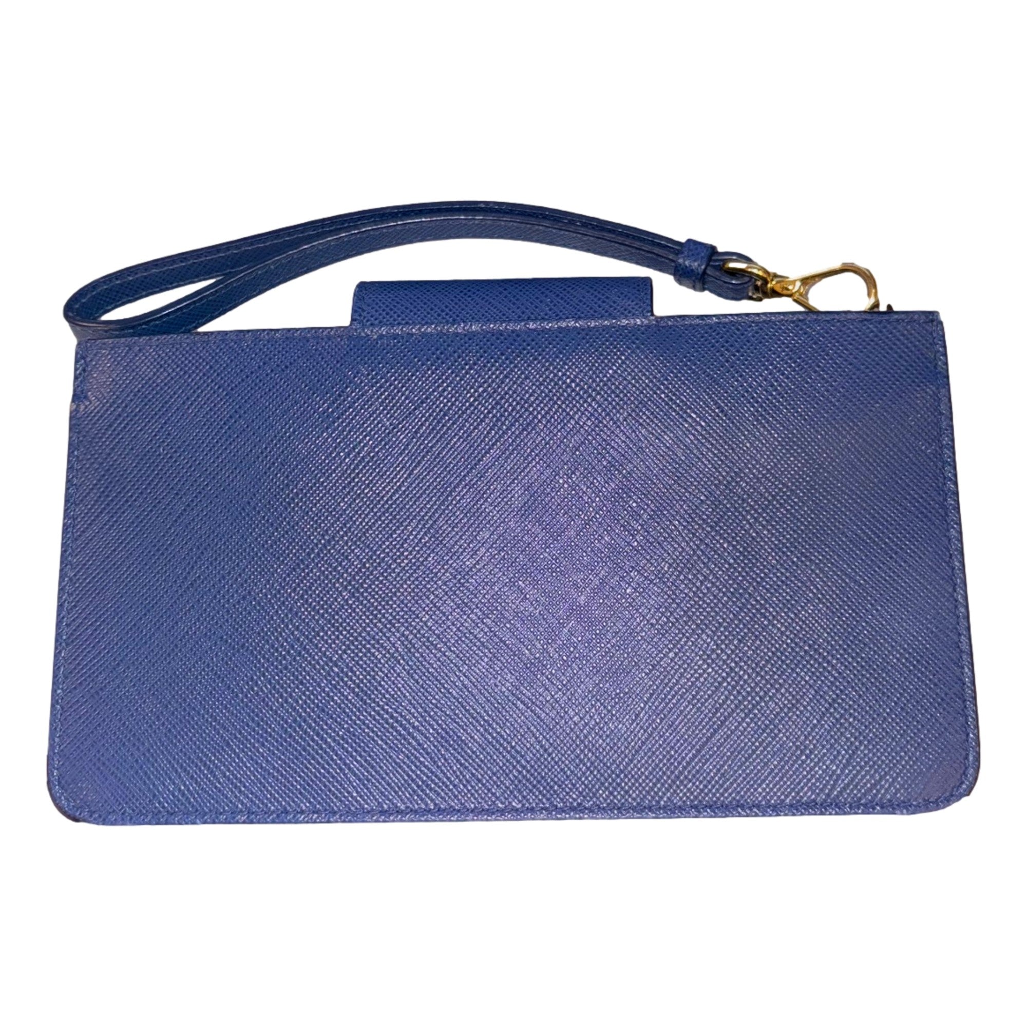 Prada Saffiano Leather Blue Wristlet Clutch Wallet available at Queen Bee of Beverly Hills