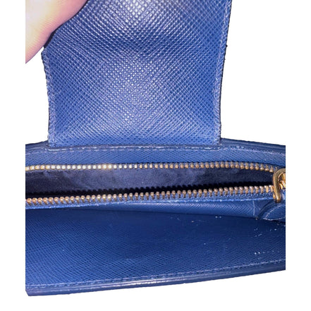 Prada Saffiano Leather Blue Wristlet Clutch Wallet available at Queen Bee of Beverly Hills