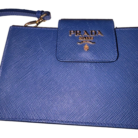 Prada Saffiano Leather Blue Wristlet Clutch Wallet available at Queen Bee of Beverly Hills