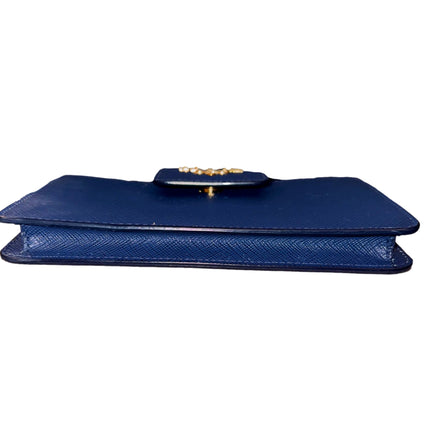 Prada Saffiano Leather Blue Wristlet Clutch Wallet available at Queen Bee of Beverly Hills