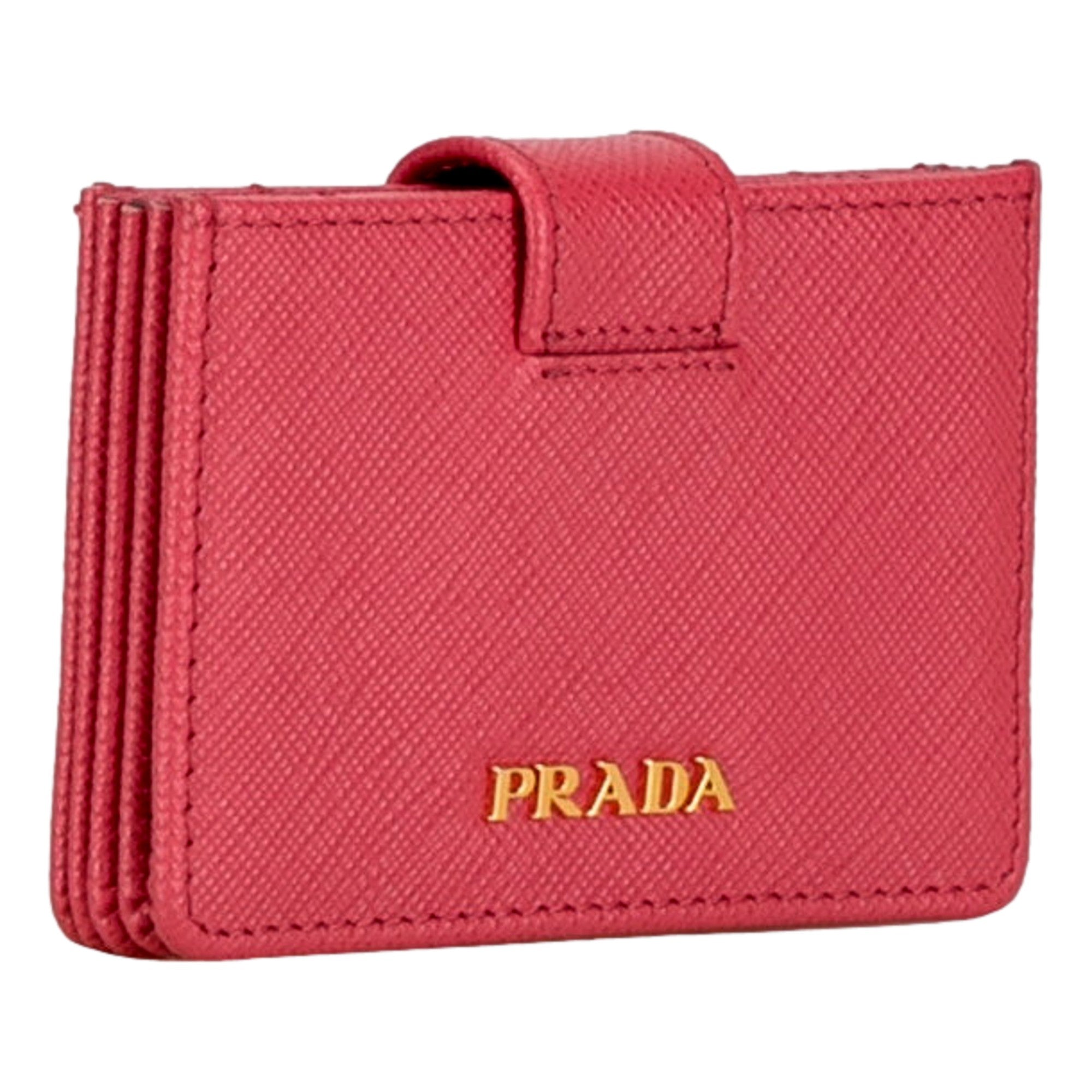 Prada Saffiano Leather Card Case Wallet Accordion Peonia Pink available at Queen Bee of Beverly Hills