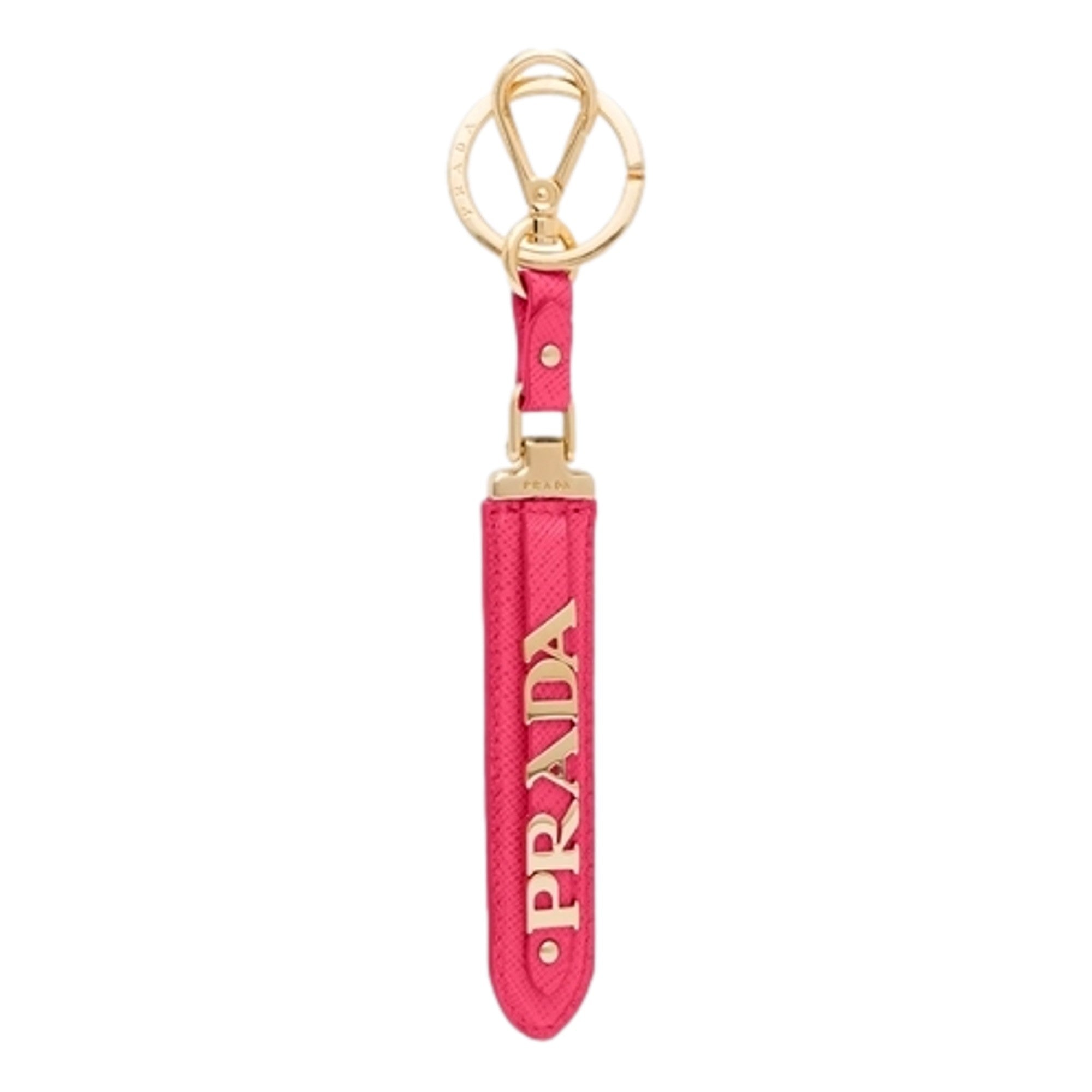 Prada Saffiano Leather Clip Keychain Peony Pink Gold Logo Lettering available at Queen Bee of Beverly Hills