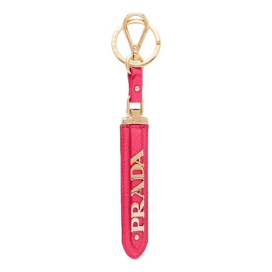 Prada Saffiano Leather Clip Keychain Peony Pink Gold Logo Lettering available at Queen Bee of Beverly Hills
