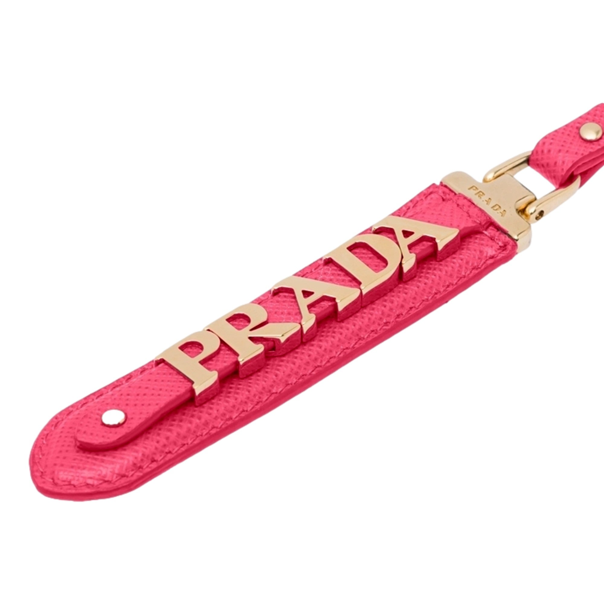 Prada Saffiano Leather Clip Keychain Peony Pink Gold Logo Lettering available at Queen Bee of Beverly Hills