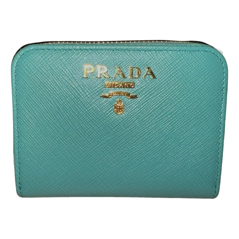 Prada Saffiano Leather Giada Turquoise Small Zip Coin Purse Wallet at_Queen_Bee_of_Beverly_Hills