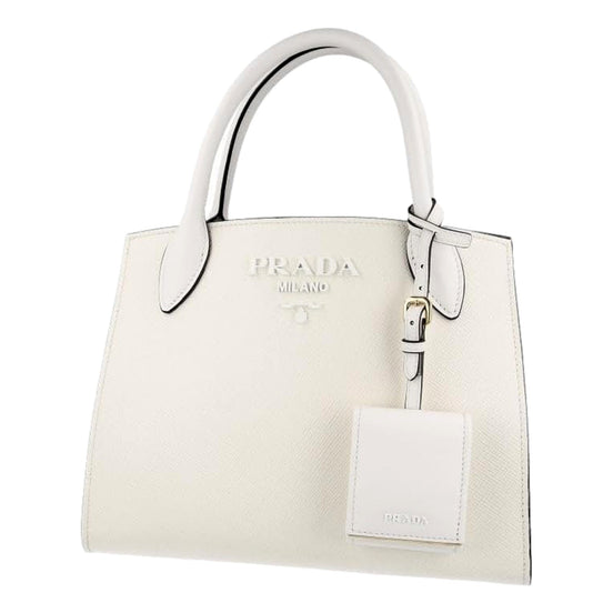 Prada Saffiano Leather Monochrome Bianco White Top Handle Handbag available at Queen Bee of Beverly Hills