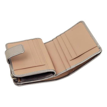 Prada Saffiano Leather Pirite and Cipria Gold Bow Wallet with Zipper Coin Pouch available at Queen Bee of Beverly Hills