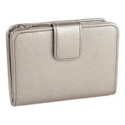 Prada Saffiano Leather Pirite and Cipria Gold Bow Wallet with Zipper Coin Pouch available at Queen Bee of Beverly Hills
