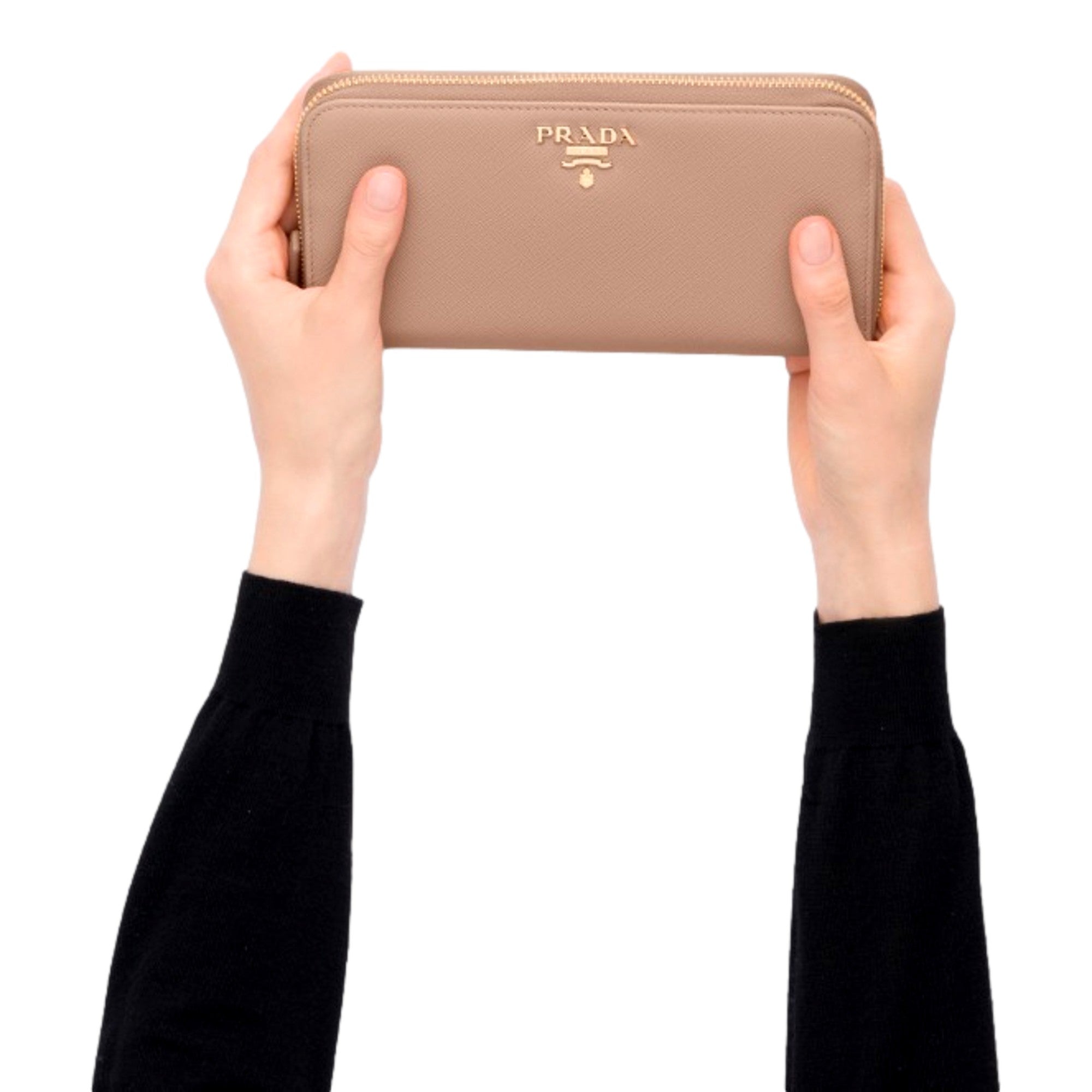 Prada Saffiano Beige Red Multicolor Leather Continental Zip Around Wallet sold at Queen Bee of Beverly Hills