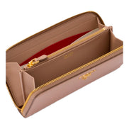 Prada Saffiano Beige Red Multicolor Leather Continental Zip Around Wallet sold at Queen Bee of Beverly Hills