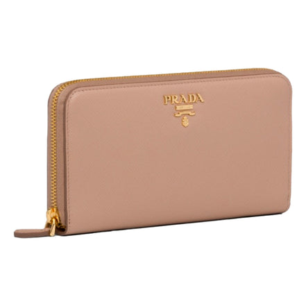 Prada Saffiano Beige Red Multicolor Leather Continental Zip Around Wallet sold at Queen Bee of Beverly Hills