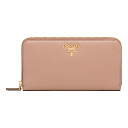 Prada Saffiano Beige Red Multicolor Leather Continental Zip Around Wallet sold at Queen Bee of Beverly Hills