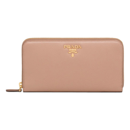 Prada Saffiano Beige Red Multicolor Leather Continental Zip Around Wallet sold at Queen Bee of Beverly Hills