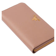 Prada Saffiano Beige Red Multicolor Leather Continental Zip Around Wallet sold at Queen Bee of Beverly Hills
