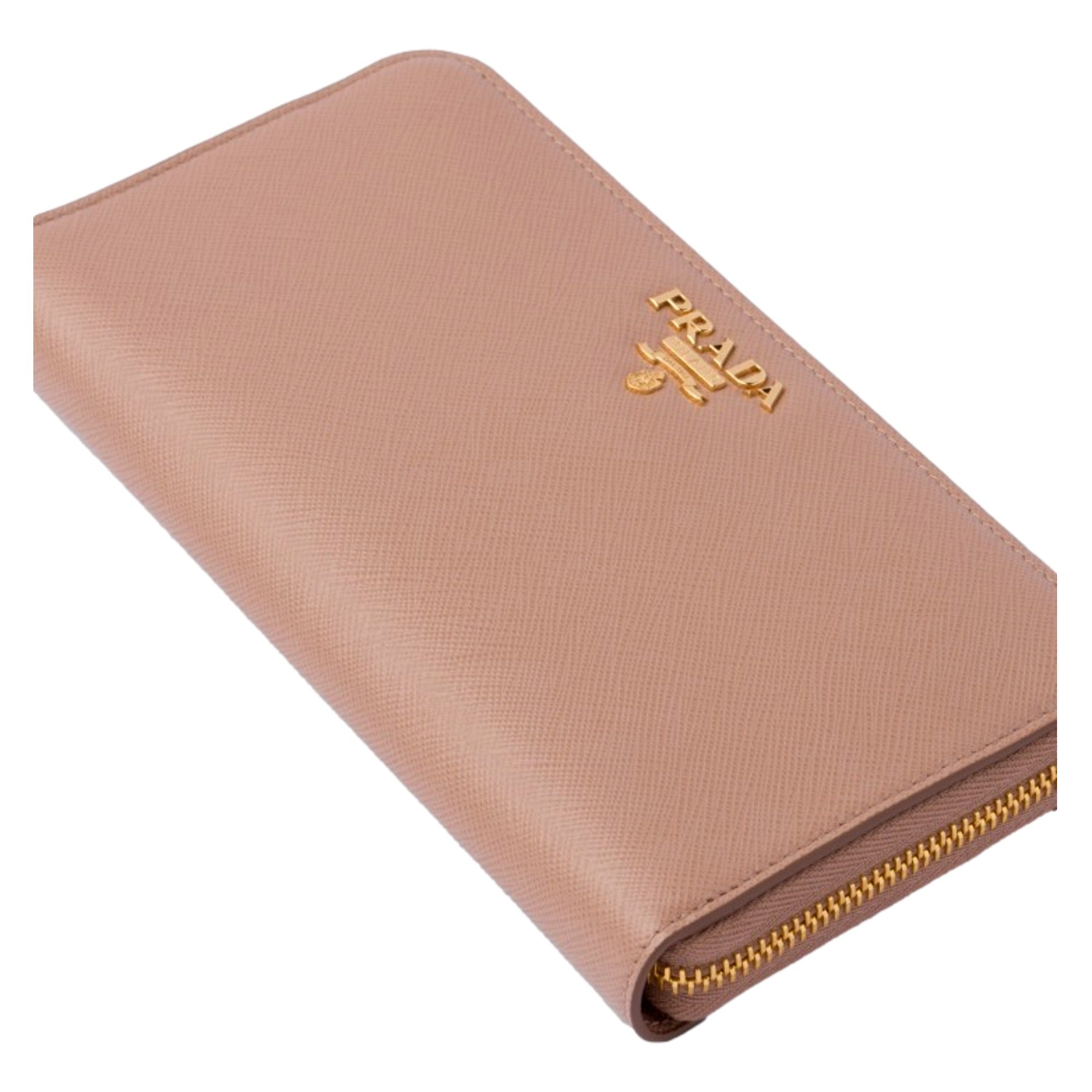 Prada Saffiano Beige Red Multicolor Leather Continental Zip Around Wallet sold at Queen Bee of Beverly Hills