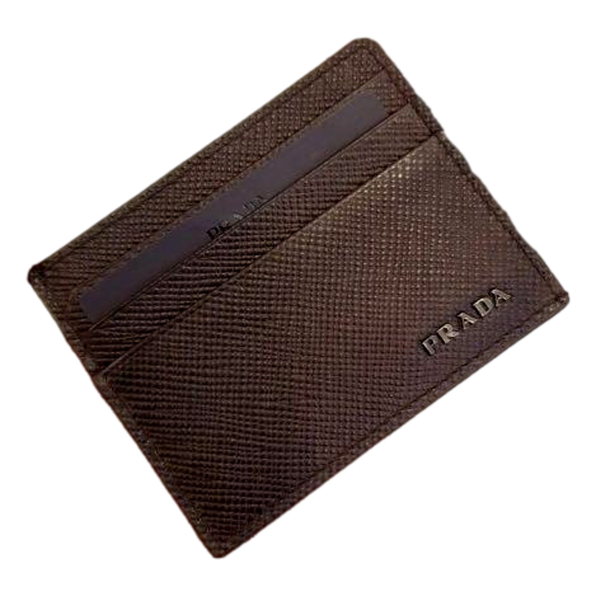 Prada Saffiano Mens Bruciato Brown Credit Card Wallet available at Queen Bee of Beverly Hills