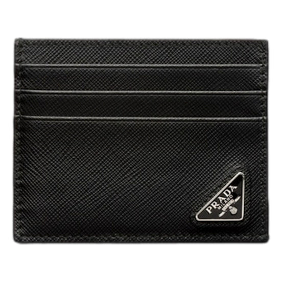 Prada Saffiano Mens Credit Card Wallet Black Nero Silver Triangle Enamel Logo available at Queen Bee of Beverly Hills