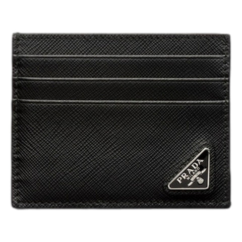 Prada Saffiano Mens Credit Card Wallet Black Nero Silver Triangle Enamel Logo available at Queen Bee of Beverly Hills