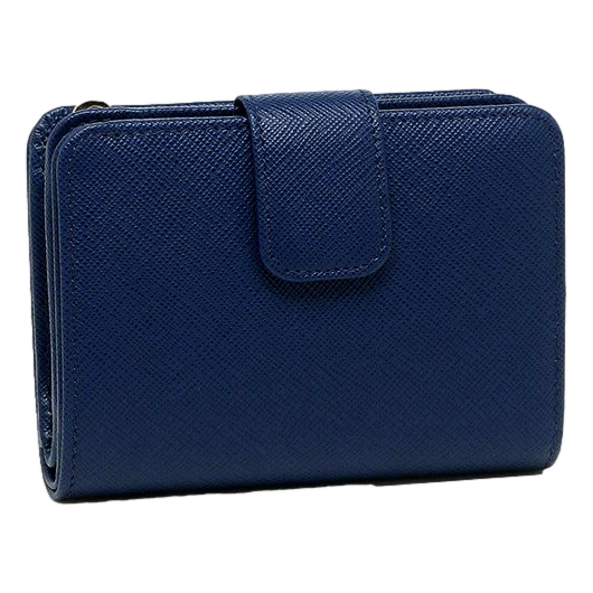 Prada Saffiano Metal Compact Wallet Bluette Blue Multicolor Gold Hardware available at Queen Bee of Beverly Hills