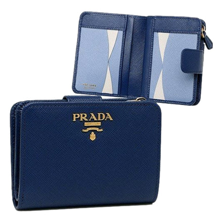 Prada Saffiano Metal Compact Wallet Bluette Blue Multicolor Gold Hardware available at Queen Bee of Beverly Hills