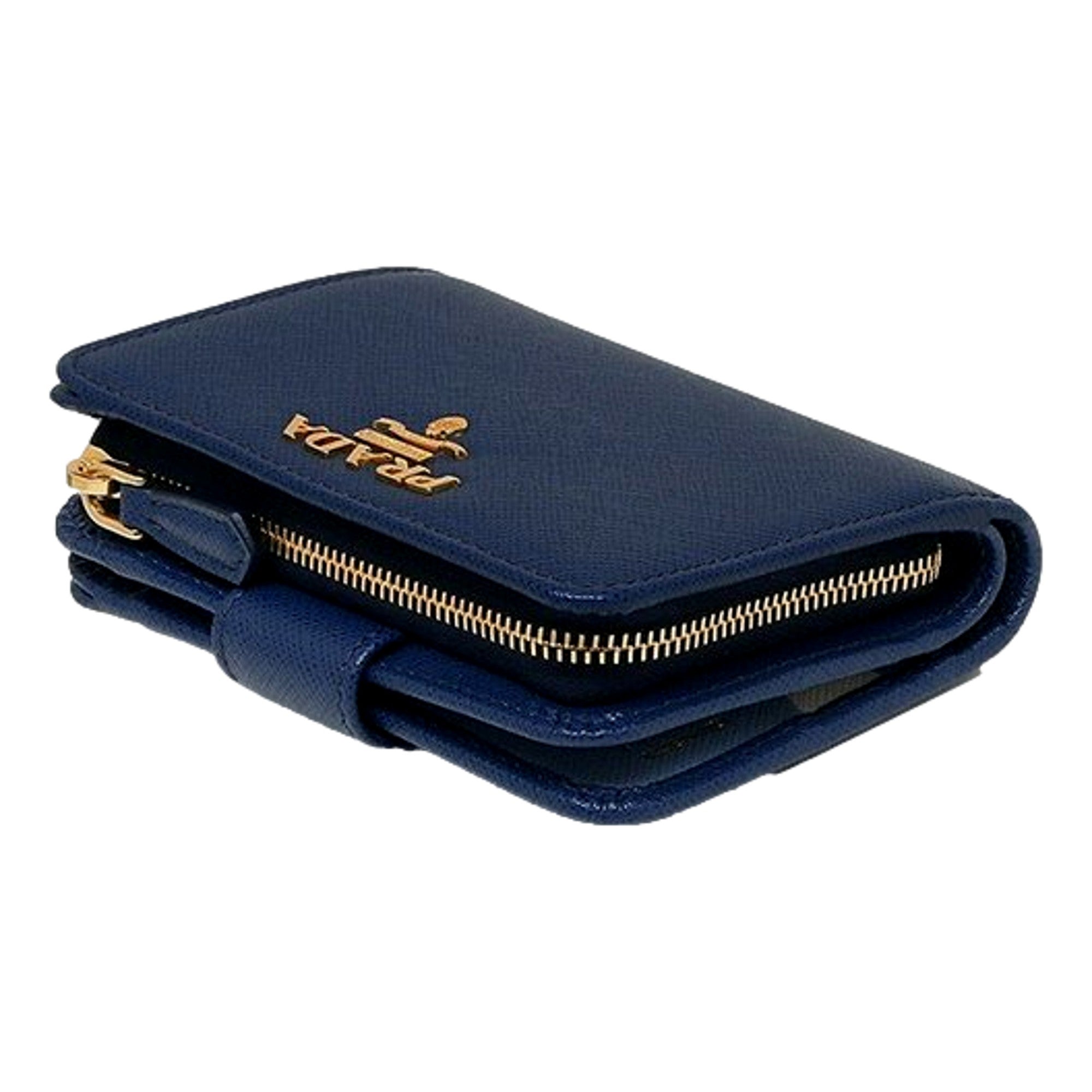 Prada Saffiano Metal Compact Wallet Bluette Blue Multicolor Gold Hardware available at Queen Bee of Beverly Hills