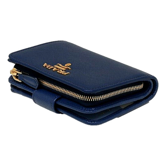 Prada Saffiano Metal Compact Wallet Bluette Blue Multicolor Gold Hardware available at Queen Bee of Beverly Hills