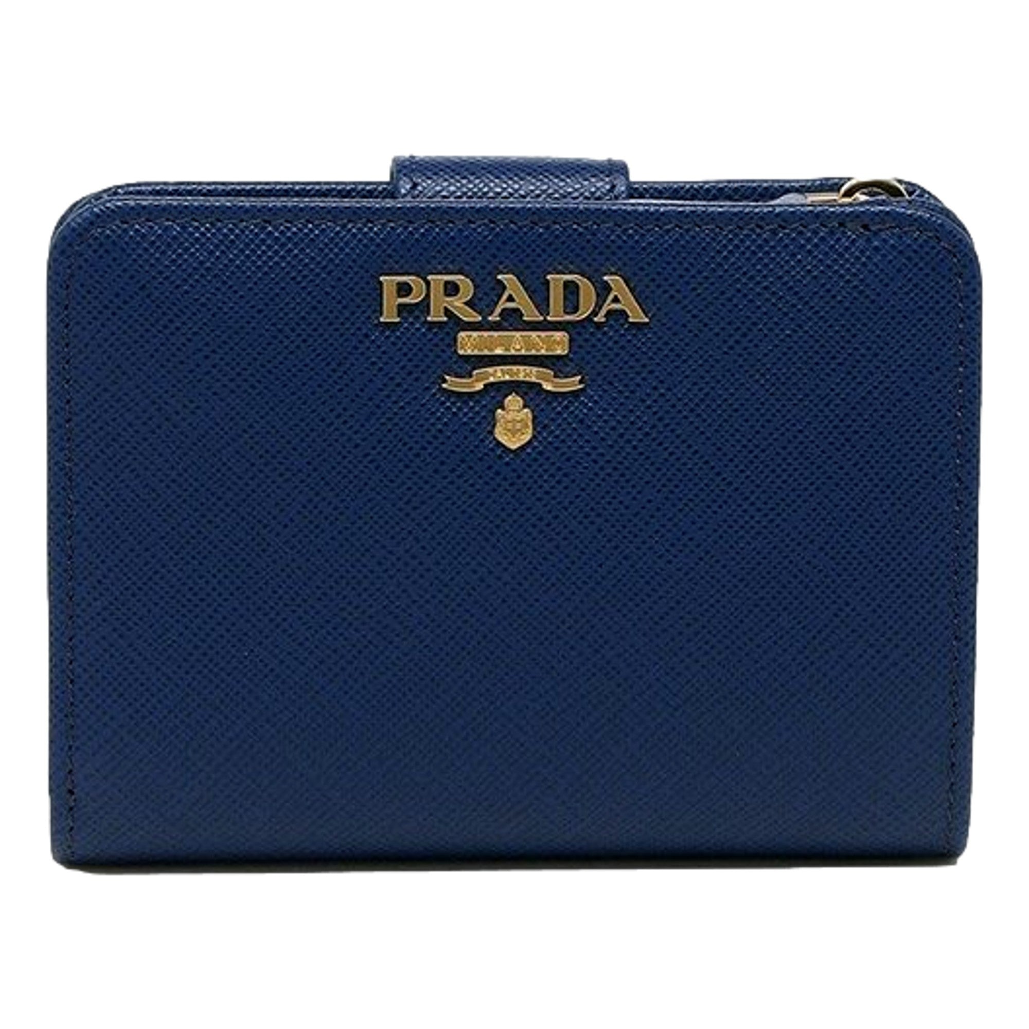 Prada Saffiano Metal Compact Wallet Bluette Blue Multicolor Gold Hardware available at Queen Bee of Beverly Hills