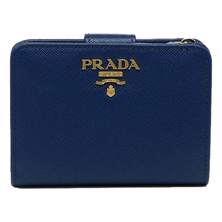 Prada Saffiano Metal Compact Wallet Bluette Blue Multicolor Gold Hardware available at Queen Bee of Beverly Hills