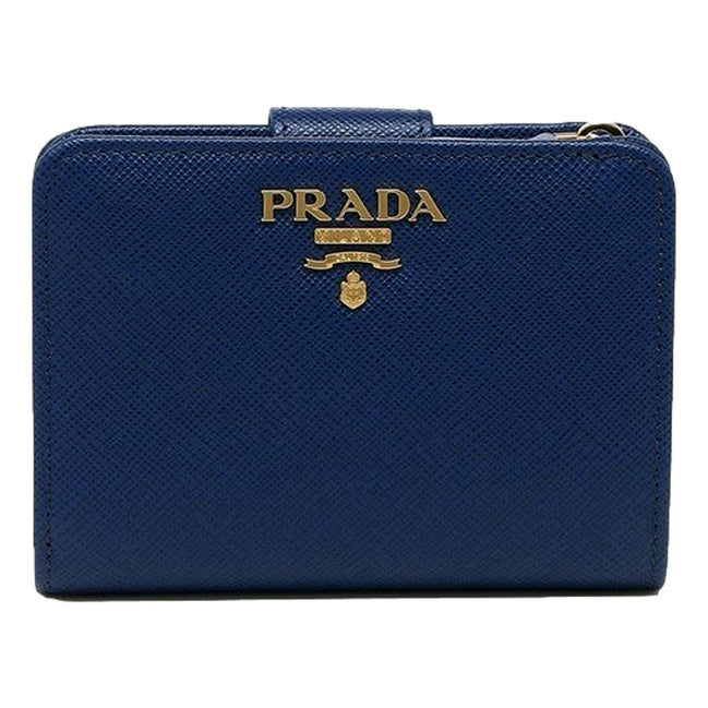Prada Saffiano Metal Compact Wallet Bluette Blue Multicolor Gold Hardware available at Queen Bee of Beverly Hills
