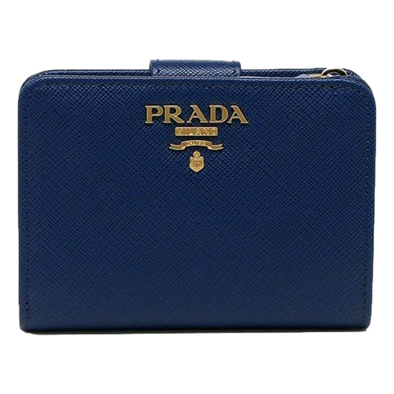 Prada Saffiano Metal Compact Wallet Bluette Blue Multicolor Gold Hardware available at Queen Bee of Beverly Hills
