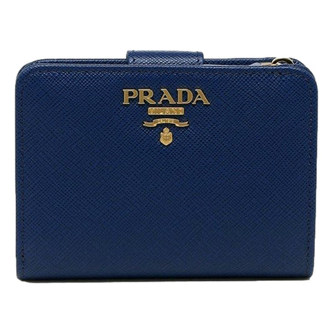 Prada Saffiano Metal Compact Wallet Bluette Blue Multicolor Gold Hardware available at Queen Bee of Beverly Hills