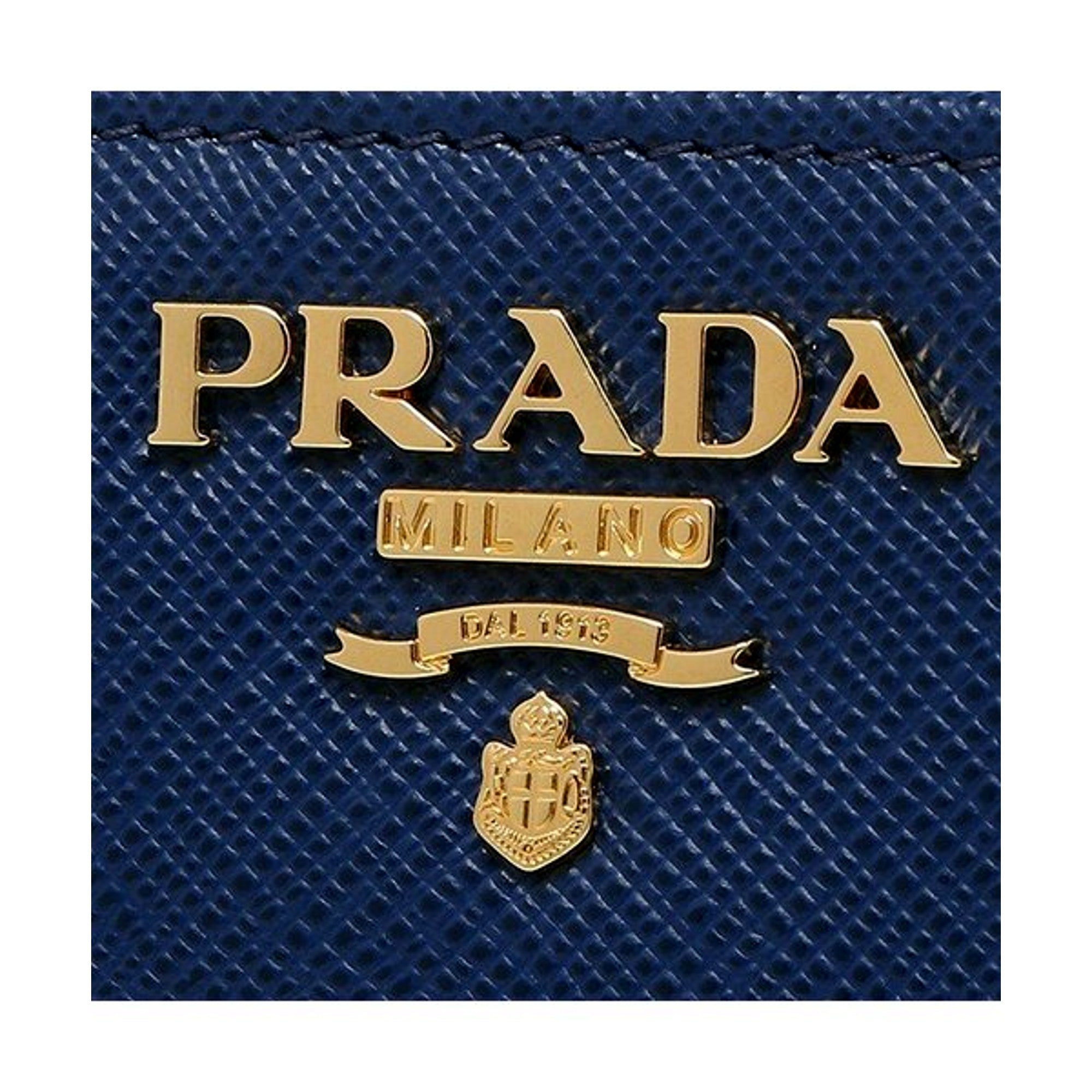 Prada Saffiano Metal Compact Wallet Bluette Blue Multicolor Gold Hardware available at Queen Bee of Beverly Hills