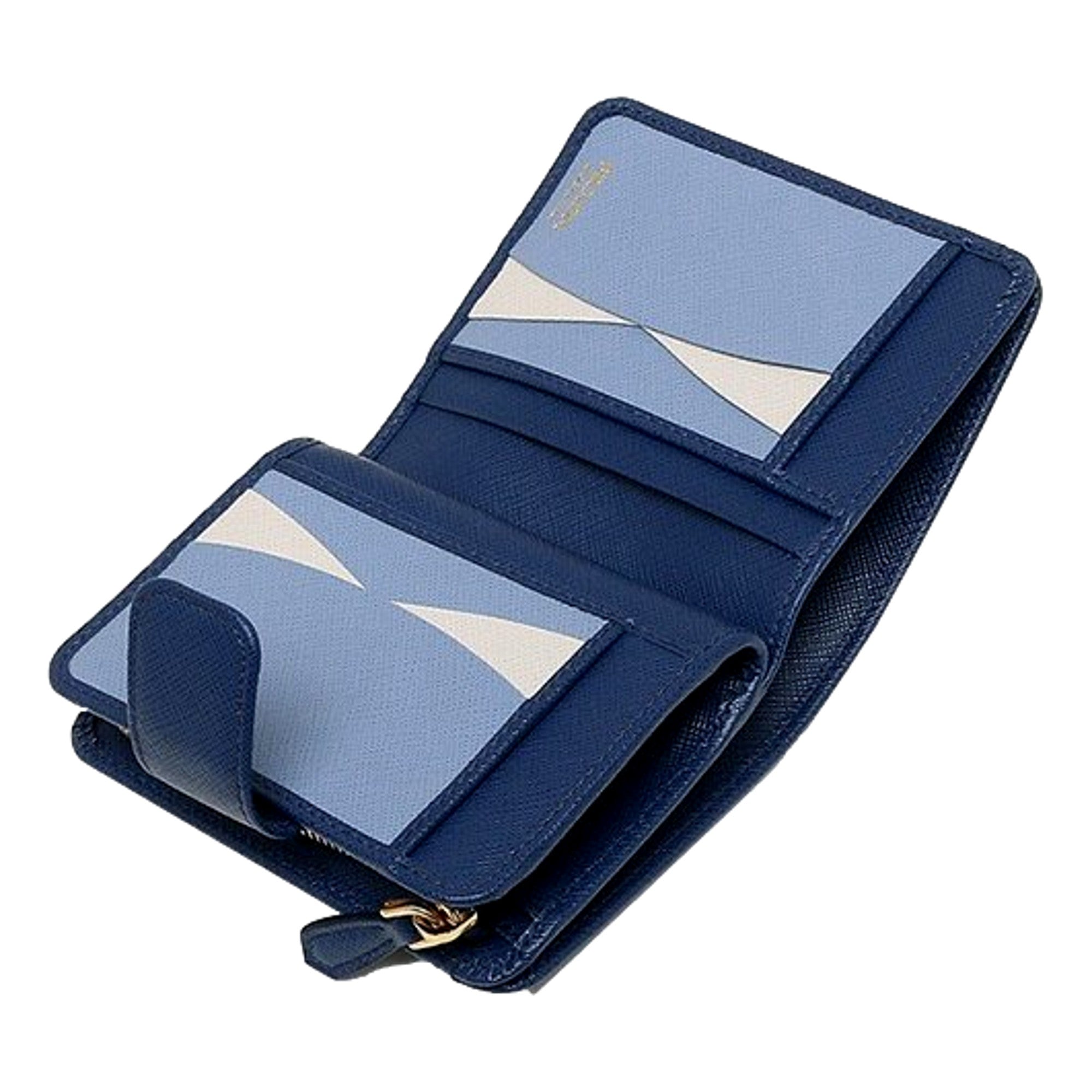 Prada Saffiano Metal Compact Wallet Bluette Blue Multicolor Gold Hardware available at Queen Bee of Beverly Hills