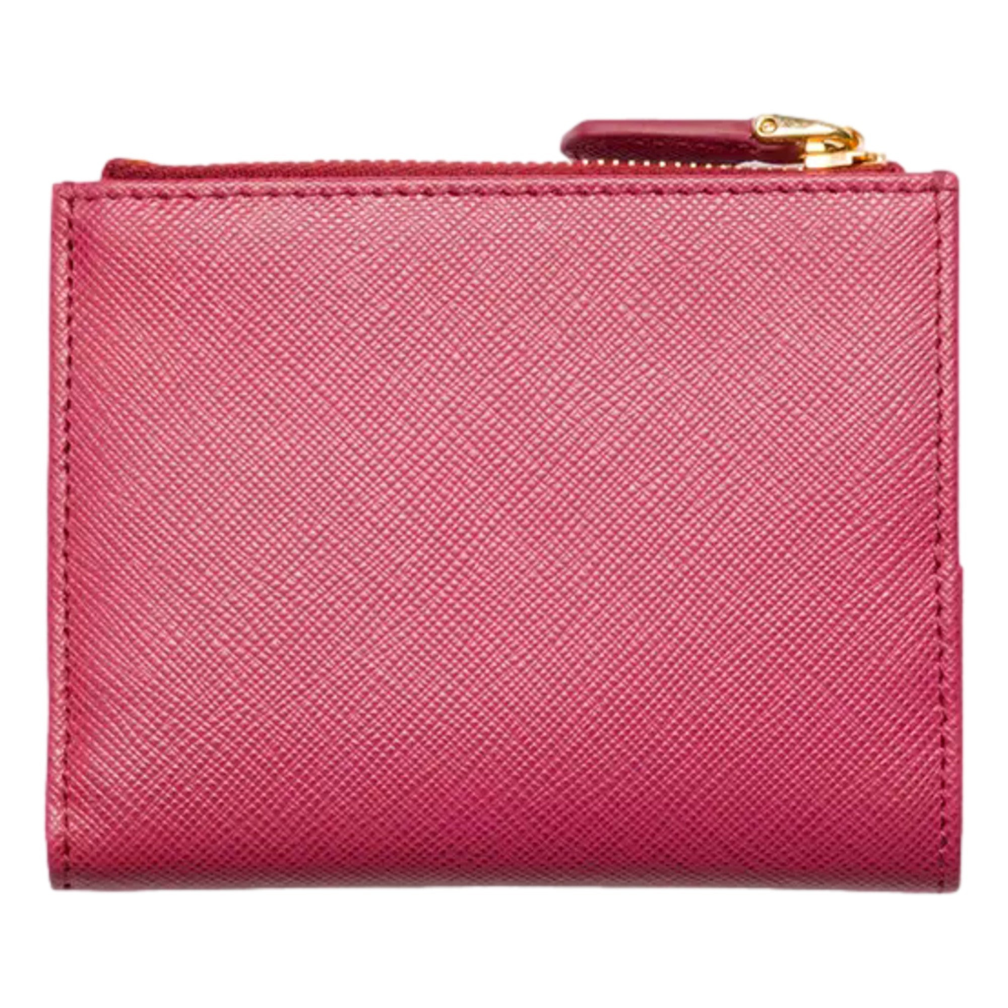 Prada Saffiano Dark Pink Gold Snap Bifold Zip Coin Pocket Wallet sold at Queen Bee of Beverly Hills