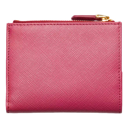 Prada Saffiano Dark Pink Gold Snap Bifold Zip Coin Pocket Wallet sold at Queen Bee of Beverly Hills