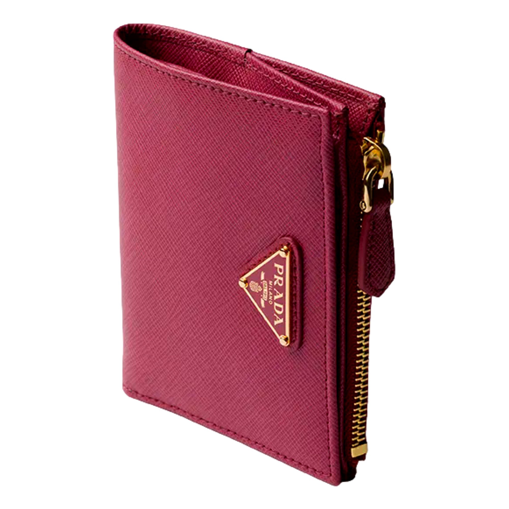 Prada Saffiano Dark Pink Gold Snap Bifold Zip Coin Pocket Wallet sold at Queen Bee of Beverly Hills