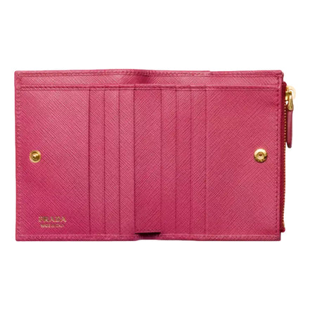Prada Saffiano Dark Pink Gold Snap Bifold Zip Coin Pocket Wallet sold at Queen Bee of Beverly Hills