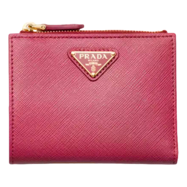 Prada Saffiano Dark Pink Gold Snap Bifold Zip Coin Pocket Wallet sold at Queen Bee of Beverly Hills