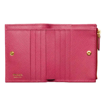 Prada Saffiano Dark Pink Gold Snap Bifold Zip Coin Pocket Wallet sold at Queen Bee of Beverly Hills